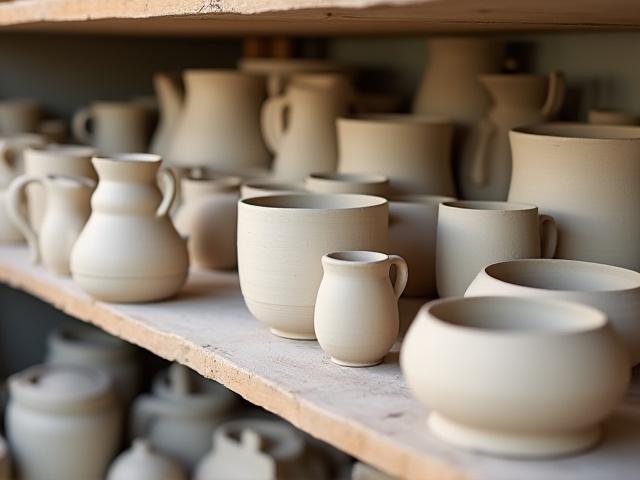 Shelves filled with various unfired pottery pieces (greenware), waiting for their first firing.
